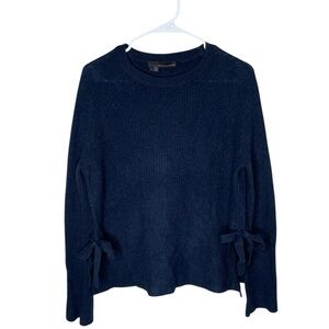 360 Cashmere Ribbed Navy 100% Cashmere Crew Sweater Size Small Side Slits Bows
